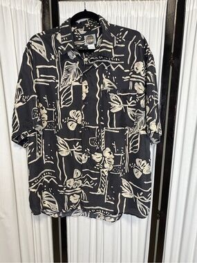 Men’s Silk Uomo 100% Silk Black & Cream Short-Sleeve Printed Button-Down Shirt